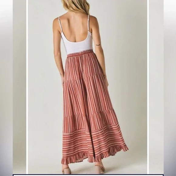 DAVI & DANI  RUST STRIPE
RUFFLE CASUAL PANT sz small pockets preloved boho - Picture 6 of 13